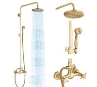 MOSSON Accesorios de ducha para exteriores, sistema de grifo de ducha de latón antiguo con cabezal de ducha de 8 pulgadas y rociador de mano, 2 asas cruzadas, sistema de ducha expuesto, montado en la