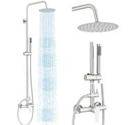 Mosson - Columna de ducha para exteriores con cabezal de lluvia de 203 mm, rociador de mano, juego de ducha y baño montado en la pared, acabado en níquel cepillado para baño o patio trasero