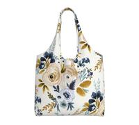 Mostaza azul floral,Bolsas de mano reutilizables, bolsas de supermercado, bolso de hombro de lona de gran capacidad