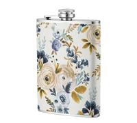 Mostaza azul floral,Frasco de acero inoxidable 304 de 8 oz con funda de cuero sintético, frasco de bolsillo para licor plano para exteriores