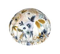 Mostaza azul floral,Gorro de ducha, gorro de noche, gorro de baño elástico impermeable de doble capa, reutilizable para el cabello.