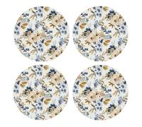 Mostaza Azul Floral,Posavasos Redondos de Corcho MDF, Almohadilla para Tazas, Juego de 4 Posavasos para Bebidas