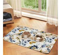 Mostaza Azul Floral,Tapete para Comida de Mascotas, manteles Individuales de Cuero sintético para Gatos y Perros,40x60cm