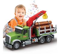Mostop Juguete de camión de madera para niños de 3 a 6 años, juguete de granja grande de 15 pulgadas con grúa y 6 baúles, camión de remolque grande con música y luz, regalo alimentado por fricción