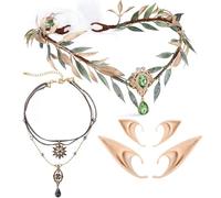 MOSTORY Accesorios de hadas renacentistas para mujer, 4 piezas de corona de elfo del bosque, collar pedante de estrella en capas con orejas de elfo, juego para disfraz de hada renfaire para mujer,