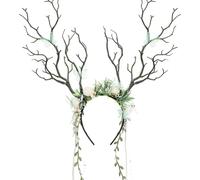 MOSTORY Diadema con cuernos de ciervo, corona de elfos verdes con ramas y mariposas, para cosplay, carnaval, hada del bosque, disfraz de mujer