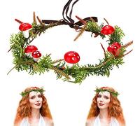 MOSTORY Diadema con diseño de seta, corona de hada, corona de bosque, tocado musgoso acebo círculo, tiara roja, corona de pelo de setas rojas, corona de Navidad para mujeres y niñas, accesorio para el