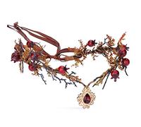 MOSTORY Diadema de corona de elfo de reina, diadema de elfo del bosque, círculo de hojas de hadas con colgante rojo de cristal, guirnalda de pelo de granada para cosplay, Acción de Gracias, Pascua,