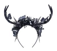 MOSTORY Diadema de cuernos de ciervo negros hecha a mano con cuernos de reno gótico, corona de elfo, diadema de mariposa oscura, corona de pelo de hada para mujer, Halloween, cosplay, carnaval, boda,