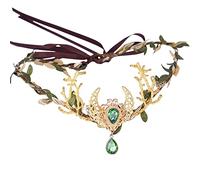 MOSTORY Diadema hecha a mano con cristales de esmeralda elfos, corona de luna y hada dorada, diadema de ramas del bosque para mujer, boda, fiesta, festival, disfraz, accesorio para el cabello, color