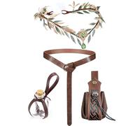 MOSTORY Haarschmuck Mittelalter Damen Set Mittelalter Elfen Krone Vikinger Haarschmuck Damen Karneval Mittelalter Accessoires 4 Stück Renaissance Vikinger Cosplay Fee Gürtelbeutel Kork Trinkflasche