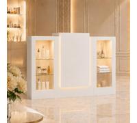 Mostrador de Recepción Blanco 150cm con LED y Vitrina de Cristal - Caja Registradora con Cajón de Teclado, 2 Armarios Iluminados y 3 Tiras LED - Mostrador para Salón, Boutique, Oficina, 150×100×52cm
