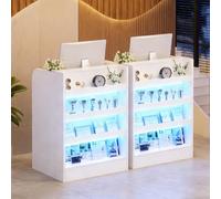 Mostrador de Recepción con Iluminación LED, Cajón con Cerrojo y Estante Exhibidor | Compacto Mostradores para Tiendas Escritorio de Recepción Moderno para Oficina, Tienda o Salón | Blanco | 60x60x95cm