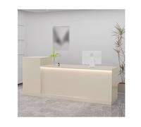 Mostrador de recepción en forma de L para salón de belleza con luces LED, elegante mesa de pago en acabado café con leche, 100 cm, diseño del lado derecho para vestíbulos modernos