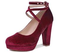 Mostrin Tacones altos gruesos para mujer, sexy, puntera cerrada, zapatos de vestir con correa de hebilla, zapatos Mary Jane para fiesta formal de graduación, Borgoña #2501, 37 EU