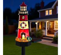 MoSundi Luces solares de faro, adorno de jardín de resina de 17 pulgadas con LED cálido, decoración automática del atardecer al amanecer, funciona con energía solar, para patio, para rojo (rojo)