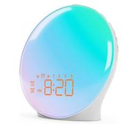 MoSundi Sunrise - Reloj despertador de simulación con alarmas duales, radio F para M y 18 luces nocturnas, temporizador de sueño, color blanco