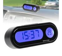 MoSundi Termómetro digital LCD para reloj de coche con retroiluminación LED, pantalla de hora y temperatura 2 en 1, modos de 12/24 horas, diseño compacto ABS negro, funciona con pilas