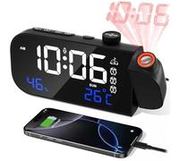 MOSUO Reloj despertador con proyección digital con proyección de temperatura y humedad, despertador fuerte, reloj de proyección digital para dormitorio, con 3 alarmas, activado por voz, atenuador, 7