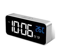 MOSUO Reloj Despertador Digital, LED Despertador Electrónicos Espejo con Temperatura y 2 Alarma, Snooze, Sonido y Brillos Regulable, Carga USB para Dormitorio, Oficina, Plata