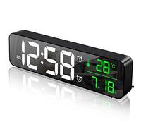 MOSUO Reloj Despertador Digital, Reloj de Pared con Temperatura Tiempo Fecha, 10" Gran Pantalla LED Espejo Reloj Digital con 2 Alarma 40 Música 6 Niveles de Brillo USB Puerto, Negro