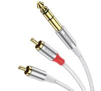 MOSWAG Cable 6.35mm a 2 RCA Audio 2M Estéreo Nylon | Compatible con amplis, altavoces y sistemas HiFi - conector dorado 24K para sonido claro sin pérdidas
