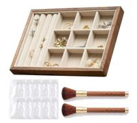 Mother’s Day Gift Complete Set Velvet Jewelry Tray with 10 Storage Pouches and 2 Soft Brushes, Stackable Wooden Organizer, Premium Lining, Rounded Edges, for Rings Earrings Necklaces(9grid+3 Line)