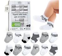 Mother's Choice Calcetines de algodón orgánico para bebé, 12 pares, unisex, de 0 a 6 meses, suaves, hipoalergénicos, para recién nacidos y bebés, regalos para bebés y niñas (12 unidades, gris, blanco)