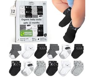 Mother's Choice Calcetines para bebé de 0 a 6 meses, 12 pares, calcetines de algodón orgánico, unisex, suaves e hipoalergénicos para recién nacidos, Negro, blanco, gris, 12 pares, 0-6 meses