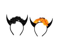 MOTHNUR 2 Piezas Diademas de Halloween con Cuernos y Calavera Accesorios para Cabello con Flores Simuladas de Negro y Naranja para Fiestas y Disfraces Temáticos
