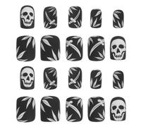 MOTHNUR 24 Piezas Uñas Postizas Cortas Negras con Diseño de Calavera para Halloween Uñas Presionables de Plástico Duraderas y Seguras para Manicura Temática y Uso Festivo