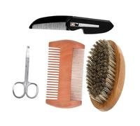 MOTHNUR Kit Cuidado Barba Hombre Cepillo Cerdas Natural Peine Madera Tijeras Portátil Compacto para Peinar Bigote y Barba Mantenimiento Profesional