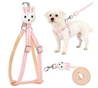 MOTIBACK Juego de arnés para perros con muñecos de conejo rosa, cuerda reflectante de 1,5 m, arnés ajustable para perros pequeños (tamaño S, 38-44 cm de contorno de pecho)