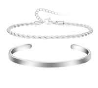 MOTIBACK Juego de pulseras para hombre - Cadena cubana fina ajustable y pulsera rígida abierta de plata 925 para hombre y niño