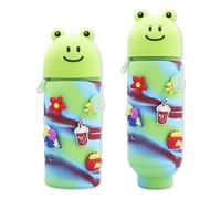 MOTIBACK Kawaii - Estuche escolar 2 en 1 de silicona suave, diseño de dibujos animados, estuche para lápices, lápices de animales, para manualidades, para niñas, adolescentes y niños, verde, Rana