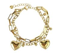 MOTIBACK Pulsera dorada de acero inoxidable con doble cadena, colgante de corazón y elementos de bola, elegante joya para mujer, para el día a día, citas, regalo de cumpleaños para niñas, mujeres, San