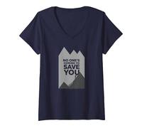 Motivador Escalador con Texto en inglés No Ones Coming To Save You Camiseta Cuello V, Mujer, Azul Marino, M
