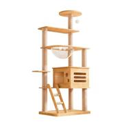 MotiveTech Estructura para Trepar Gatos Rascador Torre Casa de Madera con Burbuja Colgante y Peldaños Paneles de 9 Mm y de Arañazo, Madera, Dada - Una Cápsula Espacial + Casa para Gatos Grande
