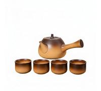 MotiveTech Tetera de Cerámica Tetera Hervidor Jarra, Marrón, Marrón Degradado, Tetera Jixiang Con Asa Lateral + Tazas Juego De Cuatro