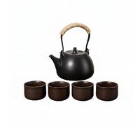 MotiveTech Tetera de Cerámica Tetera Hervidor Jarra para Fuego Asa Elevada en Cuerda de Cáñamo Resistente Sobreflujo, Negro, Esmalte Negro, Tetera Jixiang Con Asa Superior + Tazas Juego De Cuatro