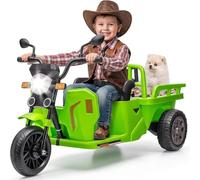 Moto Eléctrica para Niños 12V con Remolque y Pala, Triciclo Eléctrico Infantil con Mando 2,4G, Doble Motor, Velocidad Ajustable, Pantalla De Batería, Luces LED, Música y Bluetooth, para Niños 3+ Años