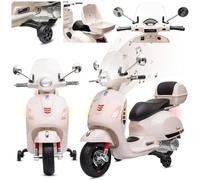Moto Eléctrica Vespa para Niños con Ruedas y Asiento de plástico, Maletero, Reproductor MP3, Toma AUX USD MicroSD (Blanco)