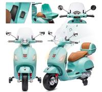Moto Eléctrica Vespa para Niños con Ruedas y Asiento de plástico, Maletero, Reproductor MP3, Toma AUX USD MicroSD (Turquesa)