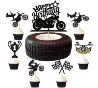 Motocicleta Feliz Cumpleaños Pastel Decoración 25 Piezas, Oro Negro Brillante Motocicleta Carreras Tema Decoración Fiesta, Niño Cupcake Chocolate SANYUANHE