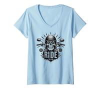 Motocicleta Live to Ride to Live Skull Biker Rebel Camiseta Cuello V, Mujer, Azul Bebé, L