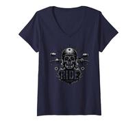 Motocicleta Live to Ride to Live Skull Biker Rebel Camiseta Cuello V, Mujer, Azul Marino, M