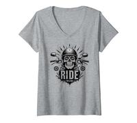 Motocicleta Live to Ride to Live Skull Biker Rebel Camiseta Cuello V, Mujer, Gris Jaspeado, S