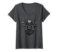 Motocicleta Live to Ride to Live Skull Biker Rebel Camiseta Cuello V, Mujer, Jaspeado Oscuro, XL