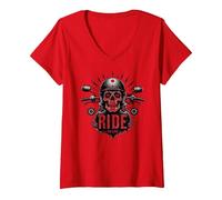 Motocicleta Live to Ride to Live Skull Biker Rebel Camiseta Cuello V, Mujer, Rojo, L