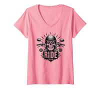 Motocicleta Live to Ride to Live Skull Biker Rebel Camiseta Cuello V, Mujer, Rosado, XXL